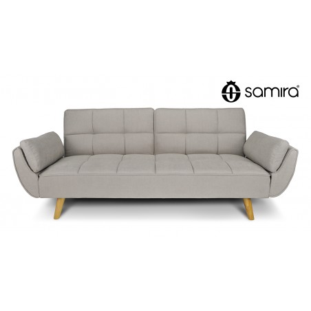 DL-AM03FBC - Divano letto clic clac in tessuto vellutato tortora - divano 3 posti mod. Ambra piedi legno naturale -