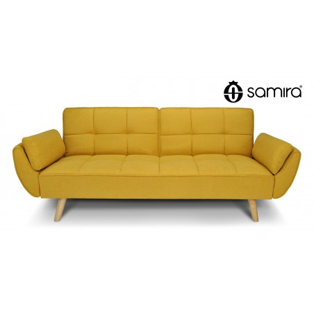 Divano letto clic clac in tessuto vellutato giallo - divano 3 posti mod. Ambra piedi legno naturale